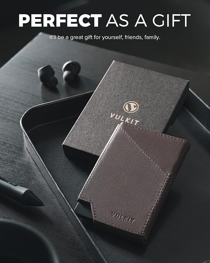 VULKIT Pop up Card Wallet Top-Grain Genuine Leather RFID Blocking Slim Aluminum Metal Bank Card Holder Case with Business Money Pocket for Credit Cards Notes and Coins Espresso
