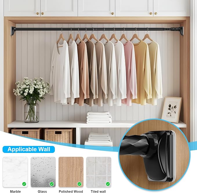 Closet Rods For Hanging Clothes,41-126 In(3-10ft) Extra Long Tension Rod For Closet,Adjustable Rod Without Drilling 33lb Heavy Duty Closet Rods Diameter 1.26in-One-Bond Stretching,Black