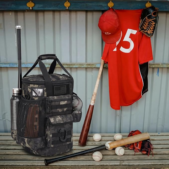 Baseball Bucket Bag Baseball Coaching Accessories Organizer Tactical Style Softball Bucket Bag with Anti-Slip Bottom, Multiple Pockets for Bat, Gloves, Scoreboards