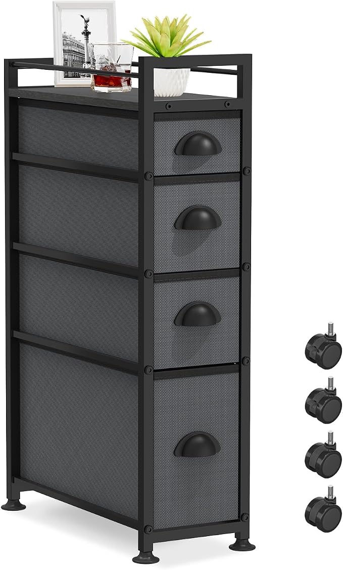 LASZOLA 4 Drawer Narrow Slim Cabinet Skinny Storage Tower Chest, Ideal for Small Spaces, Between Washer and Dryer, Lightweight Mobile on Wheels, Sturdy Fabric Drawers