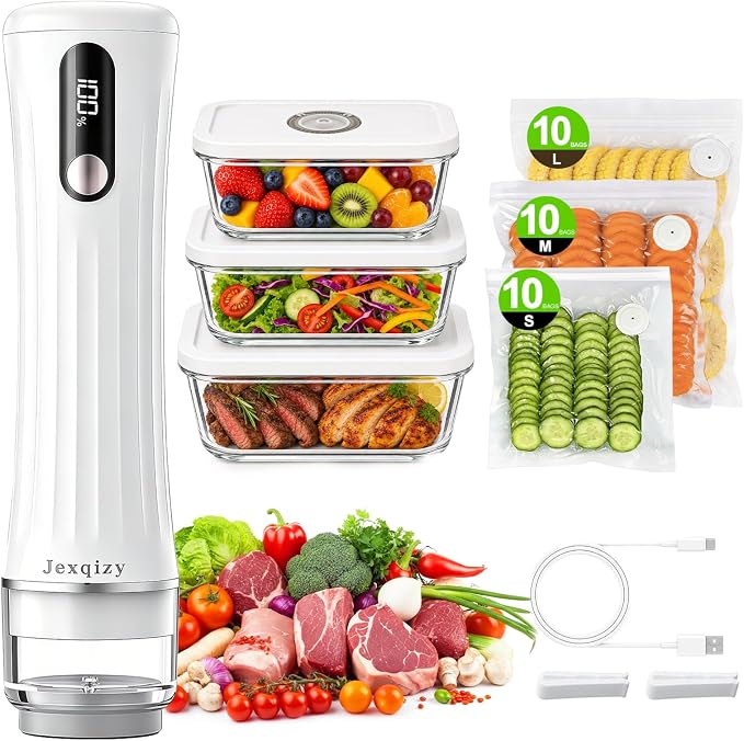 Compact Vacuum Sealer for Food, 80kPa Food Sealer with LED Display | 2000mAh Vacuum Sealer Machine+3Glass Containers+30 Bags, Handheld Vacuum Sealer,Cordless&Portable for Meal Prep, Food Storage