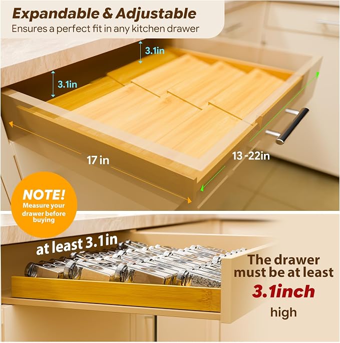 Simple Trending Bamboo Spice Drawer Organizer, 4-Tier Expandable Drawer Seasoning Storage Insert, Kitchen Spice Rack for Cabinet, Countertop (Jars not included, From 12.25" to 21.65" Wide)
