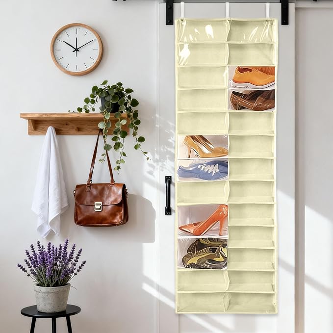 Hoodie Sweatshirt Storage Organizer, Over the Door Sweatshirt Organizer, 26-Pocket Clear Holder, Pockets Wall Shoes Bag, Portable Closet Wardrobe,63"L X 22"W X 6.3"H,Cabinet Behind The Doors (Yellow)