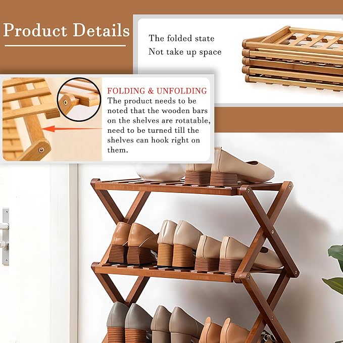 Jessie Bamboo Shoe Rack,Free Standing Shoe Rack for Closet,Portable Folding Shoe Storage Rack, Space Saving,Shoe Shelf for Bedroom Entryway Hallway Closet Living Room (Brown-6 Tier)
