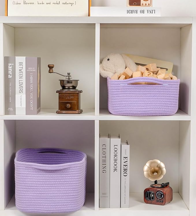 CubesLand Cube Storage Organizer Basket Bin, Cotton Rope Shelves Basket | Durable Woven Rectangular Shelf Basket for Organizing, Nursery Toys Basket, Purple Basket