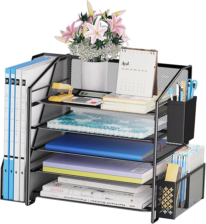 Simple Trending 5-Tier Desk File Organizer with 2 Pen Holders, Black | 17.5"L x 9"W x 13"H, 5 Trays + Side File Holder + 2 Pen Containers, Powder-coated Steel Mesh, Easy Assembly, 24H Support