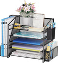 Simple Trending 5-Tier Desk File Organizer with 2 Pen Holders, Black | 17.5"L x 9"W x 13"H, 5 Trays + Side File Holder + 2 Pen Containers, Powder-coated Steel Mesh, Easy Assembly, 24H Support