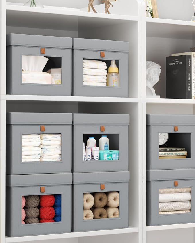 Homsorout Storage Bins with Lid – Closet Organizer with Side Opening and Clear Window, Foldable Stackable Fabric Basket for Clothes, Home, Office - 13.77" x 11.8" x 9.8", 6 Pack, Grey