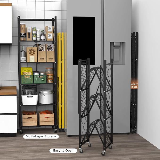 4 Tier Foldable Storage Shelves with Wheels -No Assembly Metal Folding Shelves Collapsible Shelving Unit Display Heavy Duty Rolling Shelf for Home Kitchen Office Room (Black, 50" x 13" x 27")