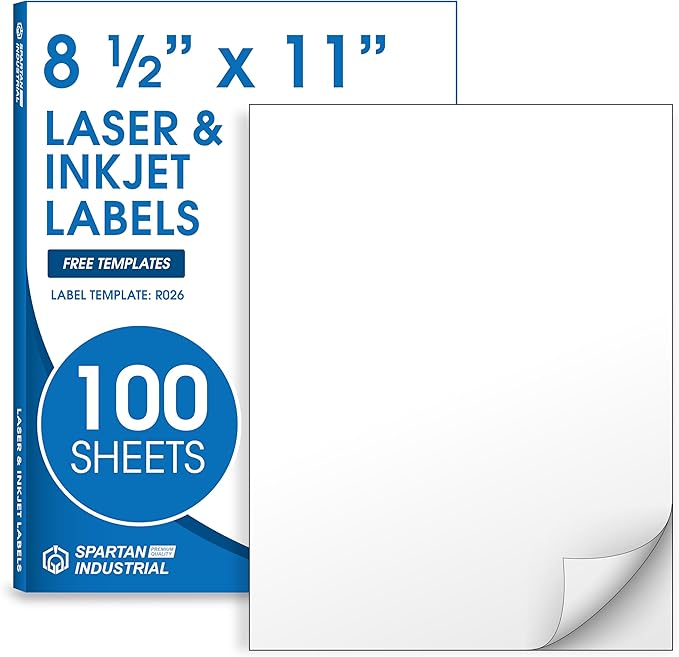 8.5" X 11" Matte White Full Sheet Labels (100 Sheets, 100 Stickers) Printable Sticker Paper for Laser & Inkjet Printers - Spartan Industrial Template R026