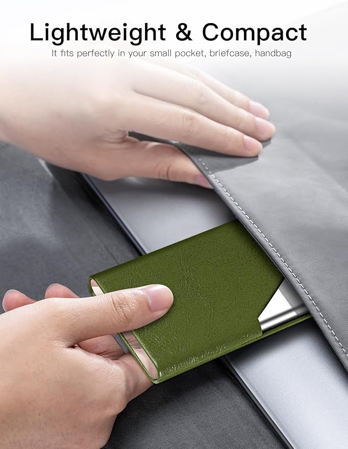 Padike Business Card Holder, Leather Business Card Case Pocket Card Holders for Men or Women, Metal Slim Name Card Holder RFID Blocking Business Card Carrier with Magnetic Closure (Z-Olive Green)