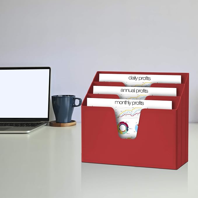 Acrimet Horizontal Triple File Folder Holder Organizer, Open Top Desktop Document Sorter for Letter Size Papers & Folders, Plastic (Solid Red) | 3 compartments to separate and organize documents, folders and papers