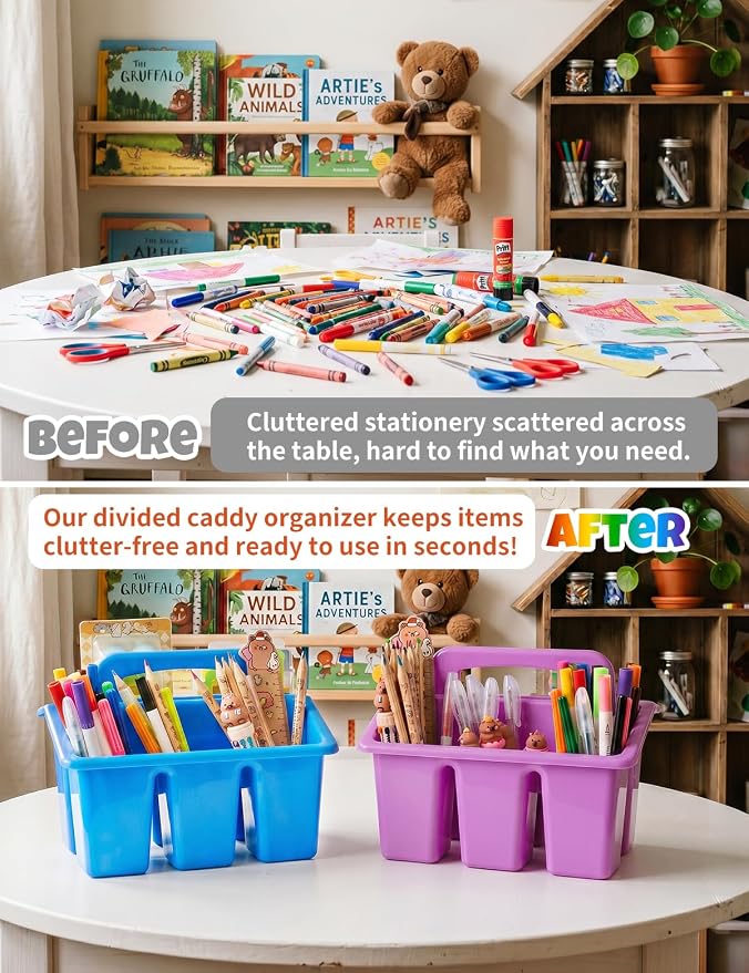 6 Pack Classroom Caddy Organizer with Handle, Table Caddy Classroom | 4 Compartments, 9×6.3×6.7 inches, Thick Durable PP Plastic, Built-in Handle, Stackable Design, for Classroom Desk Office Home