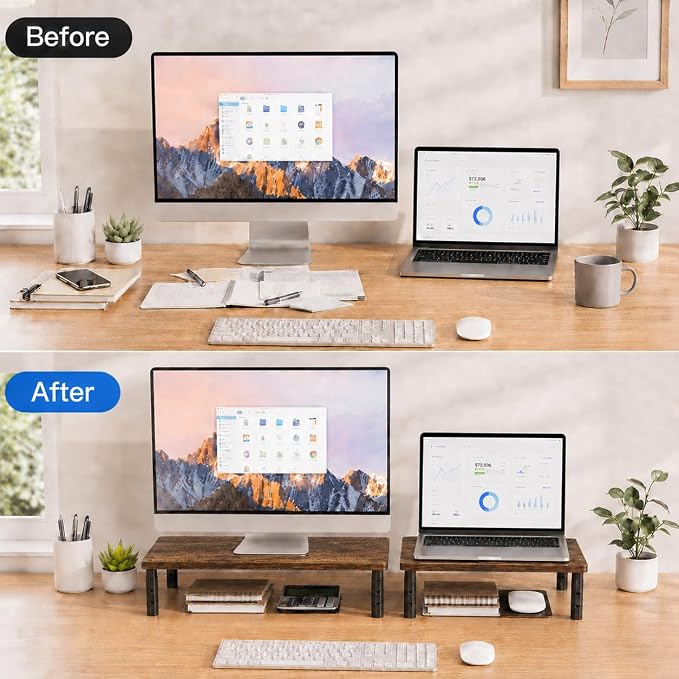 OPNICE Adjustable Monitor Stand Riser for Desk, Computer & Laptop Stand, Desk Organizers and Accessories, Office Desk Accessories & Workspace Organizer for Home Office, Brown Wood 2-Pack