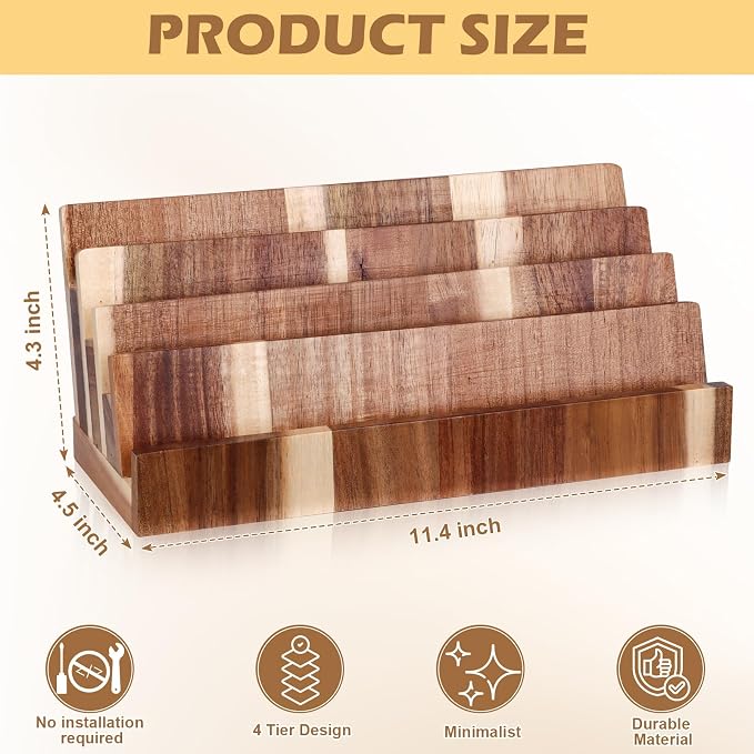 DLUGOPIS 4 Tier Acacia Wood Business Card Holder Desktop Display Stand Multiple Wood Business Card Organizer Rack Gift Card Pamphlet Display for Exhibition Home Office