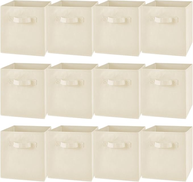 Yinder 12 Pcs Cube Storage Bin Beige 10.5''x10.5''x11'' Storage Bins for Playroom Decor Colorful Bins for Kids Foldable Baskets for Nursery Organizer Boxes Fabric Boxes