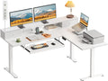 OffiGo 59 Inch L Shaped Electric Standing Desk with Drawers, White | Monitor Stand, Keyboard Tray, Fabric Drawer, Power Outlets, Height Adjustable Corner Stand Up Desk for Organized Home Office