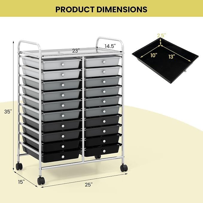 DREAMADE Rolling Cart with Storage Drawers, Utility Cart with Removable Plastic Drawers, Lockable Wheels, Art Cart for Classroom Organization Art Supplies Office Scrapbook (20 Drawers, Mixed-black)