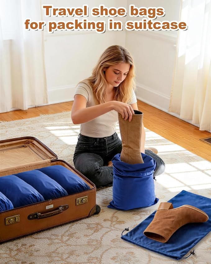 4 Pcs Shoe Bags for Travel, Large Boot Bag, Palace Blue, 21.2x13.3 Inch | Washable & Reusable Travel Shoe Bags, Dustproof Shoe Bags with Drawstring Closure, Suitable for Travel, Home Storage