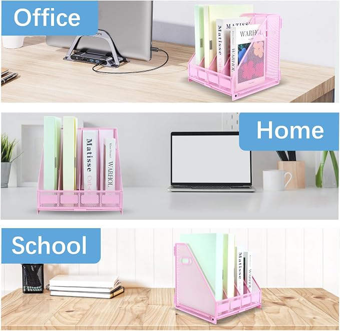 Desk Organizers Metal Magazine File Holder Racks Desktop Folder Storage Binder Organiser Document Organization for Home Office & Classroom,4 Vertical Compartments-Pink