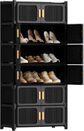 Shoe Rack, 7 Tier Shoe Storage Cabinet with 6 Doors, 21 Pair Plastic Shoe Cabinet with Waterproof, Outdoor Shoe Shelves Organizer for Entryway, Bedroom, Hallway,Living Room, Black