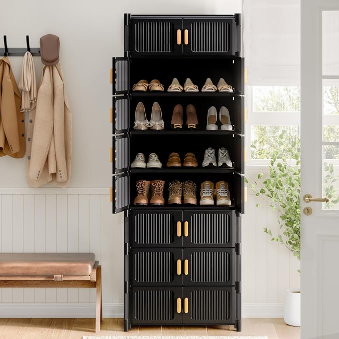 Shoe Rack, 9 Tier Shoe Storage Cabinet with 8 Doors, 27 Pair Plastic Shoe Cabinet with Waterproof, Outdoor Shoe Shelves Organizer for Entryway, Bedroom, Hallway,Living Room, Black