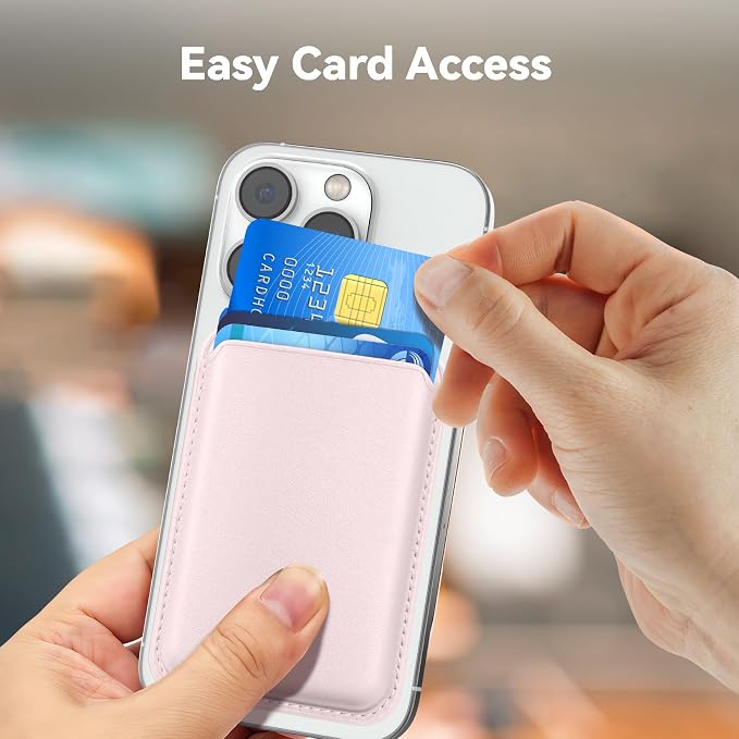 Magnetic Wallet Cell Phone Card Holder for Phone Case, Stronger Magnetic RFID Leather Phone Wallet Stick on Series of iPhone 12/13/14/15/16/17 and Pro/Promax, Light Pink