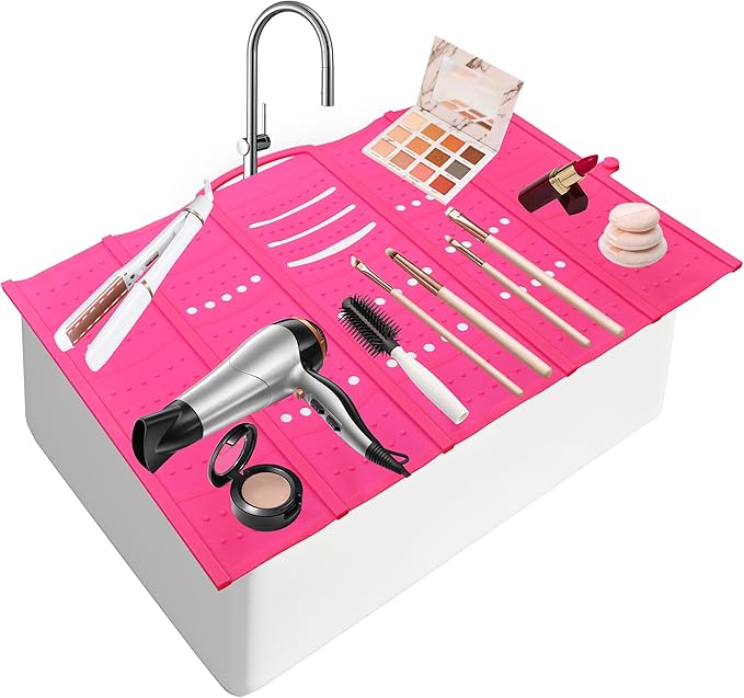 Mofason Large Bathroom Sink Makeup Mat Space Saver,Silicone Makeup Organizer Cover for Over Countertop,Small Bathroom Must Haves Accessories Rv Camper Travel Foldable Gadgets-Pink