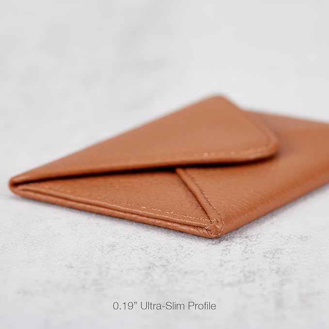 HISCOW Italian Pebbled Leather Business Card Holder, Minimalist Full Grain Envelope Card Case with Hidden Magnetic Closure, 0.19 Inch Slim Front Pocket Wallet for Men and Women, Cognac Brown