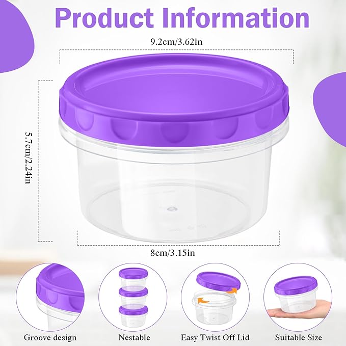 Sieral 6 Pack 8 oz Freezer Containers with Lids Reusable Deli Freezer Storage Containers Stackable Plastic Thick Twist Top Jars for Takeout Food Round Wide Mouth Lunch Snack (Purple)