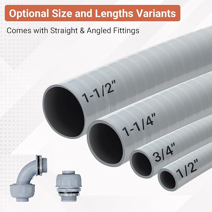 Liquid-Tight Conduit Kit 1/2inch 25ft w/UL Certification | Flexible Non Metallic Liquid Tight Electrical Conduit, Electrical Conduit Kit with 5 Straight, 5 Angle Fittings