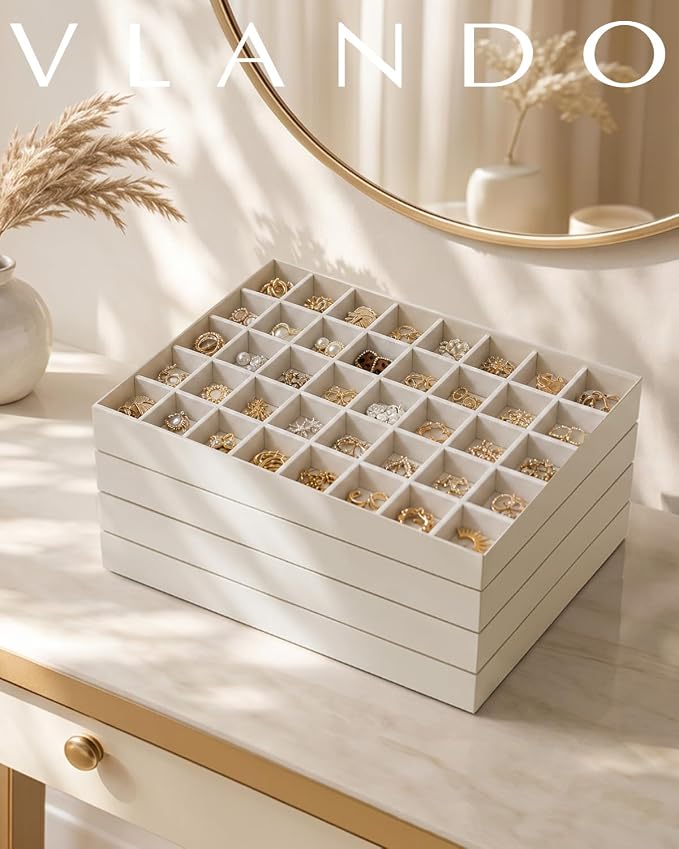 VLANDO Stackable Jewelry Tray, 40-Grid, Soft Velvet, Removable Dividers | Individual Compartments, Drawer Organizer, Easy Sorting for Studs, Charms, Pins, Gift for Women Girl
