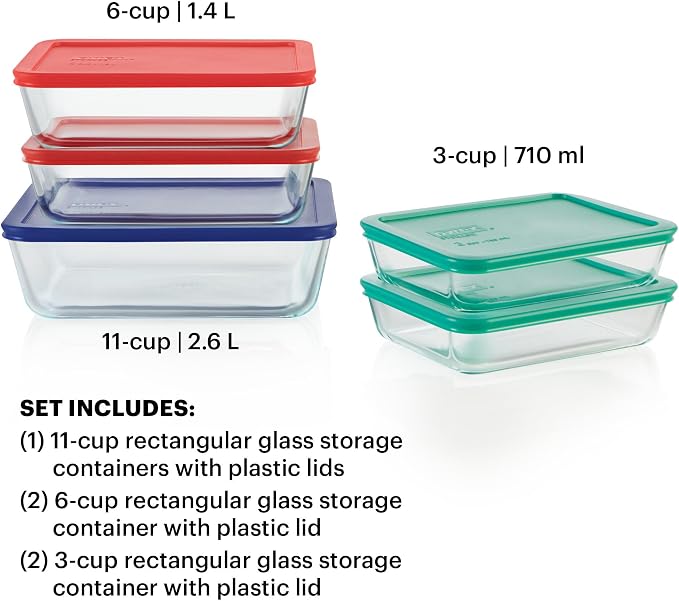 Pyrex Simply Store (5-Pack) Large Glass Food Storage Containers Set, (3, 6 & 11 Cup) Meal Prep Containers With Plastic BPA-Free Lids, Dishwasher & Microwave Safe | Meal Prep Rectangular Dishes W/ Lids | Nonporous Material | Resists Stains Or Odors | St...