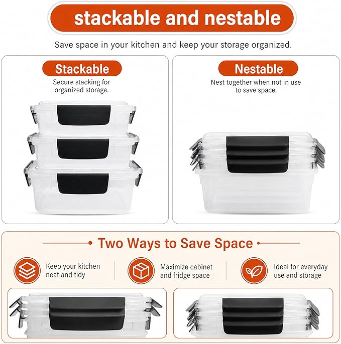 YORY 7cup Plastic Food Storage Containers With Lids For Leftover,5pk | BPA free,Stackable and Nestable,Snaplock Lid ,Freezer Dishwasher Microwave Safe
