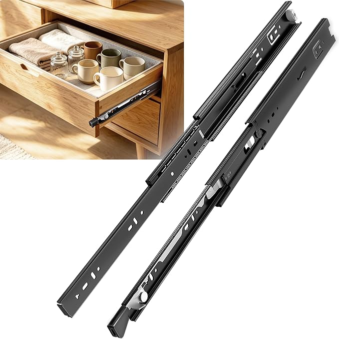 1 Pair Locking Full Extension Ball Bearing Drawer Slides 12 14 16 18 20 22 24 Inch 100 LB Load Capacity Side Mount File Cabinet Rails Dresser Runner Trash Can Kitchen (12 inch, Black)