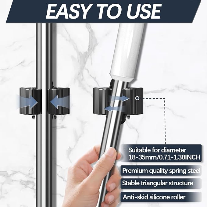 3-H Broom Holder Wall Mount 50 Pack, Heavy Duty Stainless Steel Mop and Broom Organizer Clips, Strong Grip Wall Mount Holders for Garage, Garden, Laundry Room & Utility Closet, Black