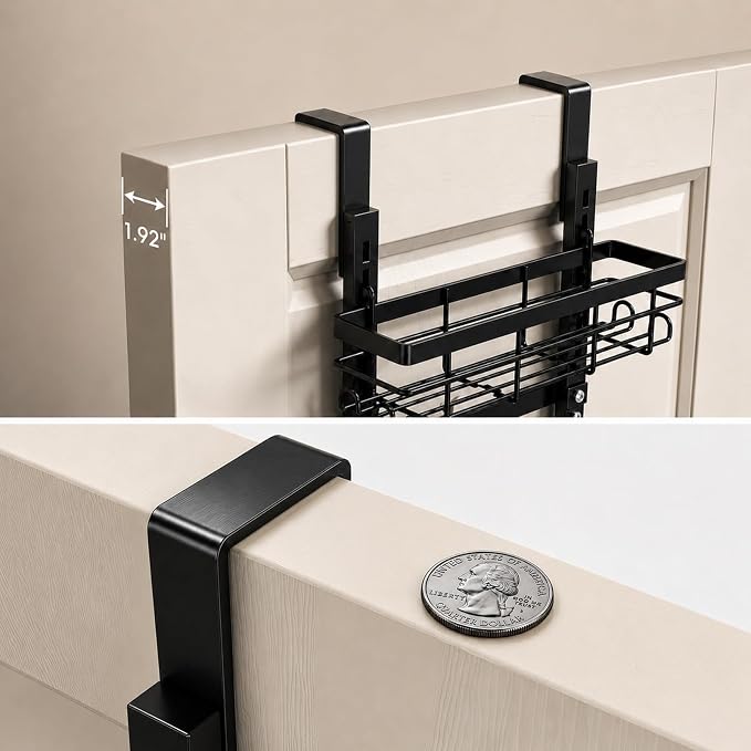Over the Door Spice Rack 9-Tier Black for Kitchen Pantry | Adjustable 9-tier metal over-door storage rack for kitchen, pantry. Rust-resistant, hooks, suction cups, no-drill.