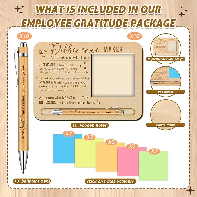 Kosiz 10 Set Difference Maker Appreciation Gifts Bulk for Employee Coworkers Wooden Inspirational Sticky Note Holder Set Thank You Appreciation Gifts for Team Staff Teachers Boss Nurse