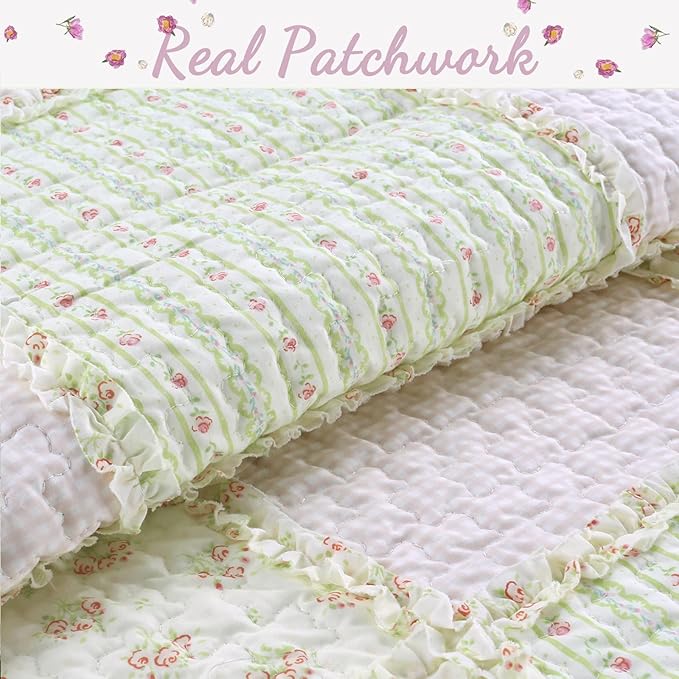 Cozy Line Home Fashions Floral Light Pink True Patchwork 100% Cotton Girl Quilt Bedding Set, Reversible Coverlet Bedspread (Sweet Peach, Twin - 2 Piece)