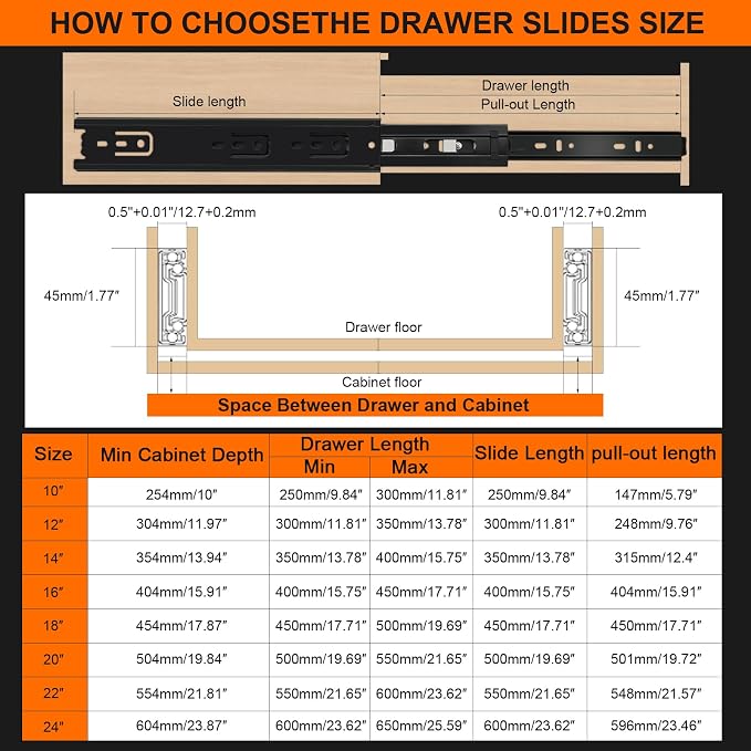 14 inch Drawer Slides 4 Pairs (8pcs) 3 fold Full Extension Side Mount Cabinet Drawer Glides 14" Black Cabinet Rails for Dresser, Cabinet, Kitchen,Trash Can, Wardrobe 100 LB Capacity