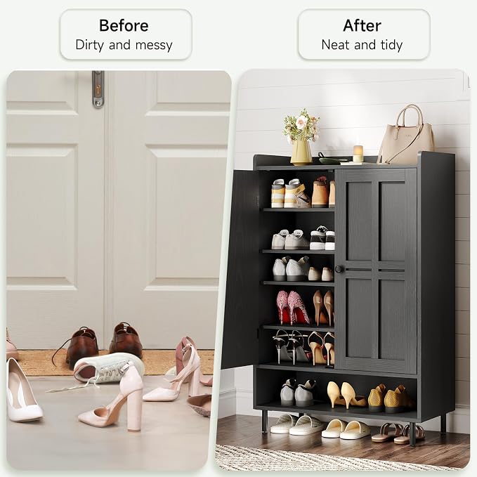 ONBRILL Shoe Cabinet with Cross Molding Doors, 6-Tier Shoe Storage Cabinet with 3 Adjustable Shelves and Metal Legs, 45'' Tall Shoes Rack Organizer Cabinet for Entryway, Front Door, Black