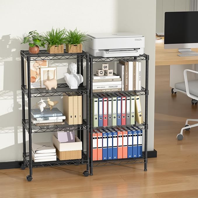 Golpart Small Shelves Storage Wire Metal Adjustable Shelf Unit with Wheels | 4 tier Shelving Organizers Storage Shelving for Bathroom Laundry Room Kitchen Pantry 11.7”D x 17.7”W x 44.8”H Black