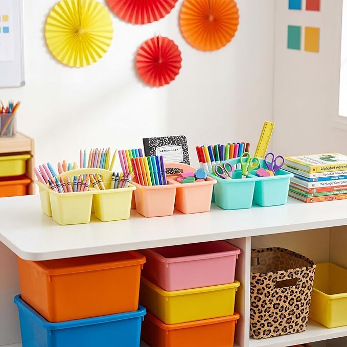 Kathfly 12 Pack Classroom Caddy Organizer with Handle, Plastic Art Craft Cleaning Caddy Bulk, Small Multipurpose Supply Organization Storage Basket for Table Desk Office Pencil Teacher (Mixed Color 1)