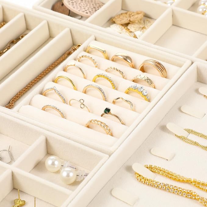 4Pcs Jewelry Organizer Trays, Stackable Velvet Jewelry Trays, Drawer Insert Divider Jewel Display Storage with Removable Dividers, Divided Storage for Earring Necklace Rings Bracelet