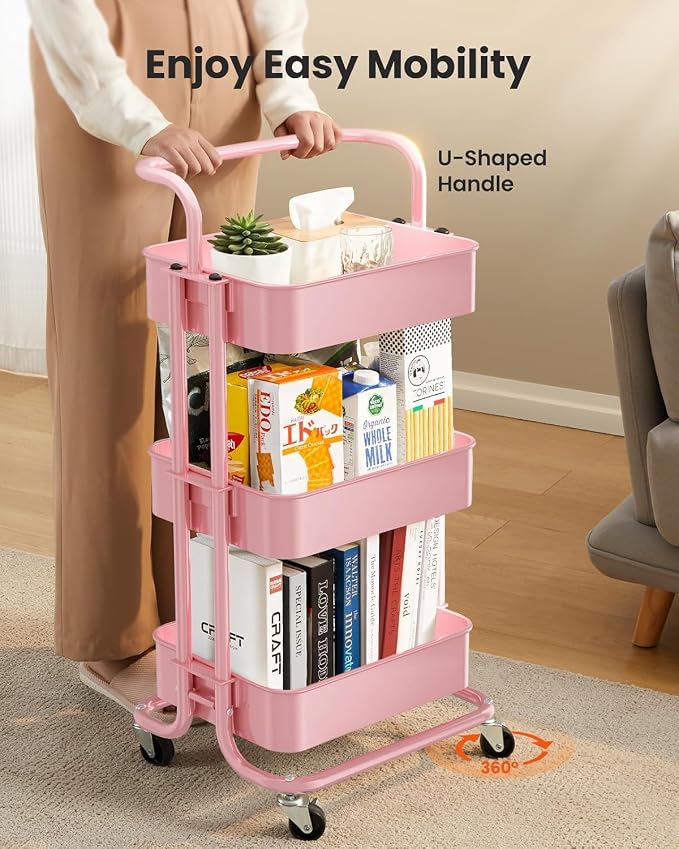 Pipishell 3 Tier Rolling Cart, Metal Utility Cart with Lockable Wheels and Handle, Rolling Storage Cart for Nursery Room, Living Room, Painting Room, Office and Kitchen, Pink