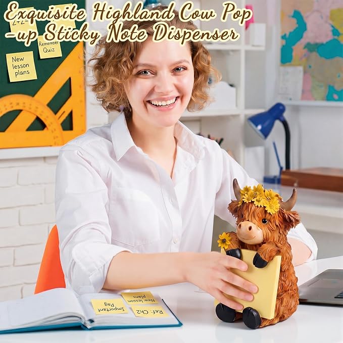 Thenshop Back to School Sunflower Highland Cow Sticky Note Holder Fall Resin Highland Cow Pop up Note Dispenser with 100 Sheets 3 x 3 Inch Sticky Notes Desk Accessory for School Office Gifts