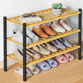 Smiry Bamboo Shoe Rack for Closet, 3 Tier Wooden Shoe Organizer, Stackable Wood Shoe Storage Shelf for Entryway, 14 Vertical Slats, One-piece Heavy-Duty Legs, 26.77"x11.02"x18.31", Natural & Black