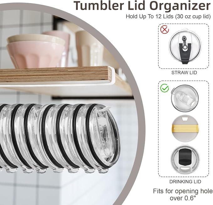 LveSunny Tumbler Lid Organizer,2 Pack Cup Lid Organizer for Yeti Tumbler Lids,Single Water Bottle Lids Organizer Holds Up to 12 Lids, Space Saving Under Cabinet Lid Holder Rack