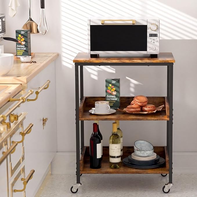 ASTARTH 3-Tier Rolling Kitchen Microwave Cart | Microwave Stand with Wheels, Small Kitchen Storage Island, Living Room Coffee Bar Cart, Rustic Brown