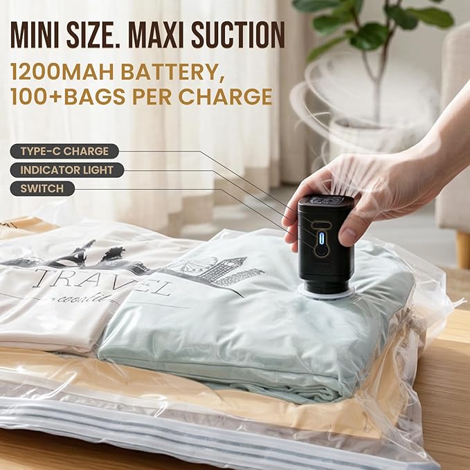 TAILI Vacuum Storage Bags with Rechargeable Cordless Pump, 8 Pack Combo (3M+3L+2XL), Vacuum Seal Bags for Clothing, Bedding, Blanket, Pillows, Compression Packing Cube Storage for Luggage Travel